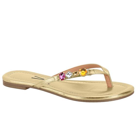 Rasteirinha Flat Metalizada Dourada Pedras Coloridas Vizzano 